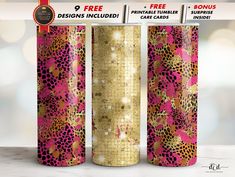 three pink and gold canisters with leopard print on them, one is for sale