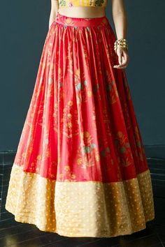 Red floral print tissue chanderi base lehenga with contrast hem. Paired with yellow thread and sequin embroidered blouse. - Aza Fashions Red Cotton Silk Lehenga With Cutdana, Designer Red Cotton Silk Lehenga, Red Cotton Silk Lehenga, Red Cutdana Cotton Silk Lehenga, Red Cotton Silk Lehenga With Traditional Drape, Red Anarkali Set With Block Print, Festive Chanderi Lehenga With Block Print, Red Cotton Silk Lehenga With Dupatta, Red Anarkali Cotton Silk Lehenga