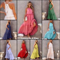 Casual Chiffon Maxi Dress Beach Cover-up, Summer Chiffon Sleeveless Dress With Ruffles, Casual Chiffon Sundress For Summer, Chiffon Sundress With Ruffles For Beach, Summer Flowy Chiffon Sundress, Chiffon Sleeveless Beach Dress With Ruffles, Sleeveless Chiffon Dress With Ruffles For Beach, Chiffon Sleeveless Dress With Ruffles For Beach, Chiffon Maxi Dress For Day Out In Summer