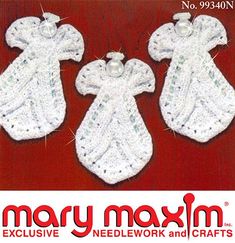 three white crocheted baby gowns and booties on a red background with the words mary maxm exclusively needlework and crafts