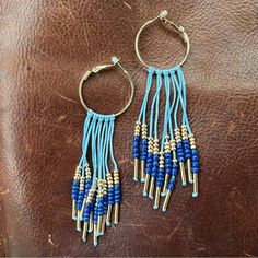 Gold Hoop Earrings With Blue And Gold Beaded Dangle Threading In A Perfect Western Look. Never Been Worn-Brand New! Dangle Hoop Earrings, Western Look, Diy Crafts Jewelry, Beaded Dangles, Blue And Gold, Threading, Gold Hoop, Blue Beads, Gold Hoop Earrings