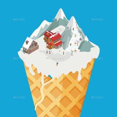 an ice cream cone with people skiing and snow covered mountains in the background - food objects