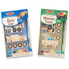 two wooden toy vehicles in packaging on a white background, one has a blue car and the other is a monster truck