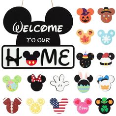 mickey mouse welcome to our home door sign with many different ears and faces on it