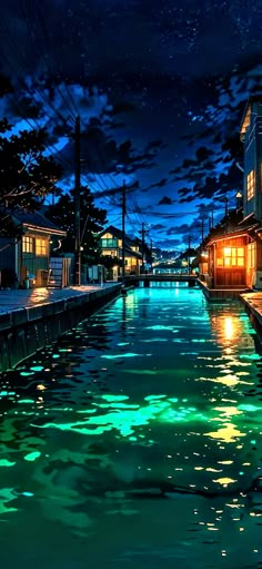 a river that has some houses on it and lights in the water at night time