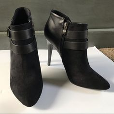 Nwt - Brand New Beautiful Black Suede Booties Black Ankle Strap Booties For Fall, Black Ankle-high Booties With Padded Ankle, Black Ankle Strap Boots Medium Width, Black Ankle Booties With Buckle Closure, Black Pointed Toe Booties With Buckle Closure, Chic Black Ankle Strap Booties, Formal Black Booties With Padded Ankle, Chic Black Booties With Buckle Closure, Black Chunky Boots