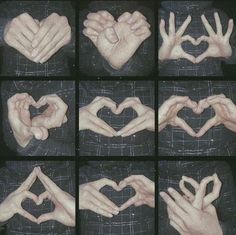 multiple images of hands making a heart with their fingers in the shape of a hand