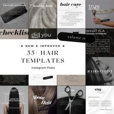 a collage of hair images with scissors and combs