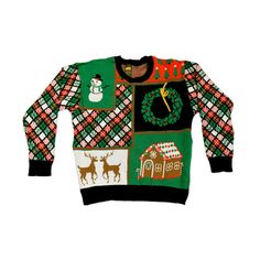 a green and black sweater with christmas decorations on it