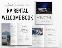 an rv rental brochure is shown with the words rv rental welcome book on it