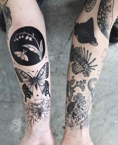 two people with tattoos on their legs