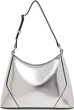 Polished leather shoulder bag in metallic silver tone. · Adjustable shoulder strap · Logo hardware at face · Zip closure · Suede lining · Logo-engraved silver-tone hardware · H7.5 x W9.75 x D2.75 Supplier color: Chrome Luxury Silver Shoulder Bag With Palladium Hardware, Silver Designer Shoulder Bag With Detachable Strap, Chic Silver Shoulder Bag For Formal Occasions, Modern Shoulder Bag With Silver-tone Logo Plaque, Formal Crossbody Shoulder Bag With Silver-tone Logo Plaque, Luxury Silver Shoulder Bag With Detachable Strap, Luxury Silver Crossbody Shoulder Bag, Designer Silver Top Handle Shoulder Bag, Chic Silver Shoulder Bag With Detachable Strap