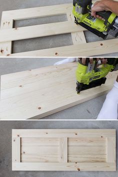 two pictures showing how to make a diy bench with wood planks and glue