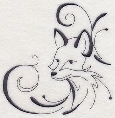 a drawing of a fox with swirls on it's head and tail in black ink