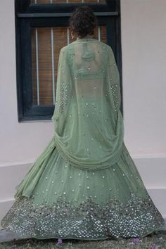 Shop for Astha Narang Green Net Embellished Lehenga Set for Women Online at Aza Fashions Green Mirror Work Dupatta For Reception, Green Mirror Work Sets For Reception, Green Dupatta With Mirror Work For Reception, Green Sets With Mirror Work For Reception, Reception Sets In Green With Mirror Work, Designer Green Lehenga With Sheer Dupatta, Festive Green Lehenga With Sheer Dupatta, Green Lehenga With Sheer Dupatta, Saree Style, Bollywood Embellished Green Choli