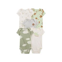 These short-sleeved Carter's bodysuits feature five unique designs to keep your little one so cute! Click on the BABY PRODUCTS & CLOTHES GUIDE to find everything you need to keep your baby healthy and happy!FEATURES 5-pack Envelope neck Short sleeves Inseam snapsFABRIC & CARE Cotton, polyester Machine wash ImportedRESPONSIBLE Tested for harmful substances STANDARD 100 by OEKO-TEX® CERTIFIED Certification No. 20.HUS.39362 Testing Institute: Hohenstein Textile Testing Institute www.oeko-tex.com/st Casual Fitted Printed Short Sleeve Bodysuit, Casual Printed Fitted Short Sleeve Bodysuit, Cute Short Sleeve Bodysuit For Playtime, Green Short Sleeve Bodysuit For Summer, Playful Printed Short Sleeve Bodysuit, Printed Cotton Short Sleeve Bodysuit For Summer, Summer Printed Short Sleeve Bodysuit, Green Fitted Short Sleeve Bodysuit Casual, Casual Green Short Sleeve Bodysuit