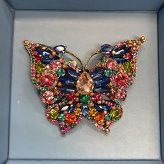 Nwot Beautiful Butterfly Brooch Multicolored Crystals Placed In Gold Tone Butterfly Size: 3-1/4” Wide X 3” High Bead Threading, Brooch Display, Crystal Place, Butterfly Brooch, Jewelry Lookbook, Threading, Beautiful Butterflies, Brooches, Gold Tones