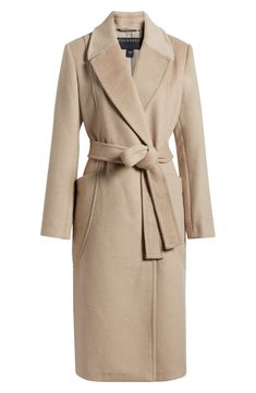 Wrap yourself up in the luxurious warmth of this sweeping wool-blend coat done with a belted waist and easy-moving back vent. 46" length (size Medium) Notched lapels Lined 52% polyester, 37% wool, 5% acrylic, 3% rayon, 3% nylon Dry clean Imported Tailored Wool Coat, Wool Trench Coat Women, Beige Wool Coat, Camel Wool Coat, Wool Long Coat, Play Clothes, Wool Wrap Coat, Money Fashion, Longline Coat