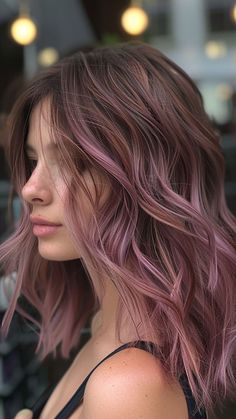 Fun Hair Color Highlights, Colored Tips Hair Brunette, Hair Color Soft Summer, Dusty Rose Hair Color Mauve, Colorful Balayage Hair, Fashion Color Balayage, Dark Brown And Pink Hair, Dark Hair With Pink Highlights, Dusty Pink Hair Color