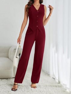 Ladies' Solid Color Button Down Vest And Straight Pants Suit Burgundy Elegant  Sleeveless  Plain  Medium Stretch Fall/Winter Women Clothing, size features are:Bust: ,Length: ,Sleeve Length: Tops For Suits, Business Attire Women One Piece & Sets, Power Suits For Women Classy Korean, Pant Suits For Women Office Wear, Burgundy Suit Dress, Pant Suits For Women Red, Womens Red Suits, Red Pant Suit Dress, Three Piece Suits For Ladies