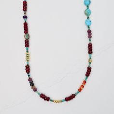 Turquoise, spiny oyster shell, 5mm ruby, sapphire, amethyst, apple coral, labradorite, crystal Adjustable 24-26'' All natural stones, slight variations in color will occur Handmade in CT Riverstone Jewelry Red Gemstone Beaded Necklaces For Spiritual Purposes, Multicolor Hand-strung Agate Jewelry, Bohemian Gemstone Rondelle Necklaces, Bohemian Red Multi-stone Jewelry, Bohemian Rondelle Gemstone Necklaces, Bohemian Multi-stone Round Beads Gemstones, Multicolor Turquoise Gemstone Necklace, Multicolor Turquoise Gemstone Necklace With Round Beads, Red Spiritual Crystal Necklace With Natural Stones