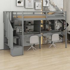 a loft bed with stairs and desk underneath