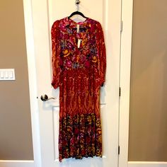 Anthropologie Maxi Dress- Nwt Beautiful And Fully Lined. Multicolor Bohemian Dress For Date Night, Bohemian Multicolor Dress For Date Night, Multicolor Midi Dress For Fall, Brunch Style Maxi Dress, Bohemian Midi Dress For Date Night In Fall, Fall Bohemian Midi Dress For Date Night, Fall Long Maxi Dress, Bohemian Fitted Midi Dress For Casual Wear, Casual Fitted Bohemian Midi Dress