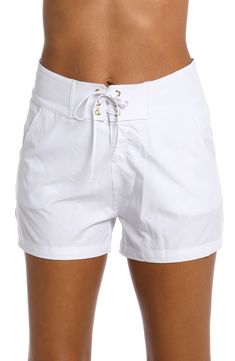 These drawstring-laced board shorts are perfect for riding the waves or lounging at the pool. 3 1/2" inseam; 25" leg opening; 11 1/2" front rise; 15 1/2" back rise (size Medium) Lace-up closure Front slant pockets 88% polyester, 12% elastane Hand wash, line dry Imported Board Shorts Women, Swim Shorts Women, Bandeau Tankini, Halter Tankini, Plus Size Swim, All Aboard, Printed Swim, Print Tunic, Summer 2024