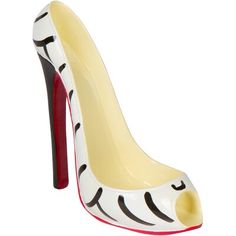 a high heeled shoe with zebra print on the side and red bottom, in white