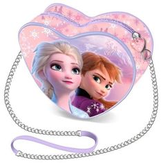 a frozen princess heart shaped purse with a chain attached to the front and side of it