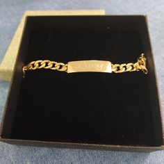 "Show off your style and your pride in your name with this Large Link Personalized ID Bracelet. Plated with thick 18K Gold, this ID bracelet is the perfect accent to your man jewelry collection. Put your name on this men's bracelet and enjoy its stunning masculine looks for years to come! Measurements and weight: 1cm / 0.4 width Name plate bar for engraving 4.2cm / 1.65\" length 25-28.3 gram weight (depend on size) Size options: 19.5cm = 7.7inch 21cm = 8.25inch 22.5cm = 8.85inch Warranty: One ye Gold Bracelet With Name, Name Bracelet Silver, Name Plate Bracelet, Name Bracelet Gold, Braclets Gold, Gold Name Bracelet, Bracelet Name, Man Jewelry, Womens Rings Fashion