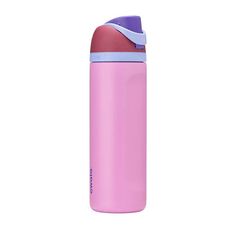 thermos insulated water bottle in pink and purple is shown against a white background