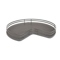 a curved metal shelf with two shelves on the bottom and one in the middle, against a white background