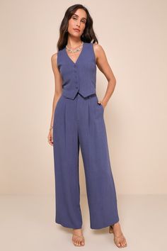 From SoHo to Spain, the Lulus Suits You Perfectly Dark Blue Linen Vest is a stylish look that's sure to get you noticed! Lightweight, linen-blend fabric shapes this chic, vest-style top that has a functional five-button placket at the front and finishes with cropped, angled hems. Pair with the matching pants for a complete look! Fit: This garment fits true to size. Length: Size medium measures 19.75" from shoulder to hem. Bust: Great for any cup size. Waist: Loosely Fitted. Undergarments: May be Vest Top Outfits, Vest With Buttons, Blue Linen Pants, Wineries Outfit, Linen Wide Leg Pants, Linen Vest, White Linen Shirt, Vest Style, Wide Leg Linen Pants