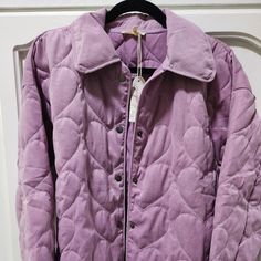 Brand New Lightly Padded Lavender Quilted Heart Jacket. Purple Long Sleeve Outerwear With Buttons, Purple Button-up Cotton Outerwear, Purple Cotton Button-up Outerwear, Purple Cotton Outerwear With Button Closure, Casual Mauve Outerwear For Fall, Casual Mauve Long Sleeve Outerwear, Casual Long Sleeve Mauve Outerwear, Lavender Outerwear With Pockets For Spring, Trendy Lavender Outerwear