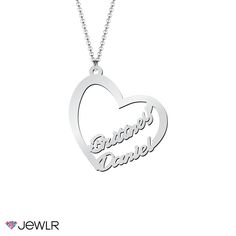 Represent true love with this simple yet romantic cutout necklace! Customize the names inside of the delicate heart-shaped design for you and your sweetheart, and complete it with your choice of Sterling Silver, 10k or 14k white, yellow or rose gold. This sweet necklace is the perfect way to treat yourself or someone you love! Sweet Necklace, Gold Name Necklace, Jewelry Model, Custom Necklace, Gold Plated Silver, Jewellery Display, Name Necklace, Birthstone Jewelry, Black Rings