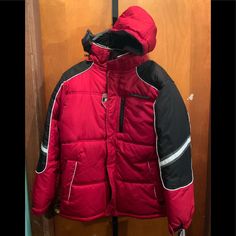 Brand New Boys Jacket Hooded Red Puffer Jacket For Outdoors, Red Hooded Puffer Jacket For Outdoor, Red Hooded Jacket With Pockets For Cold Weather, Red Hooded Puffer Jacket With Pockets, Red Functional Hooded Jacket For Winter, Red Functional Hooded Winter Jacket, Red Winter Sports Outerwear, Red Outerwear For Winter Sports, Casual Red Outerwear For Winter Sports