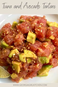 tuna and avocado tartare on a white plate