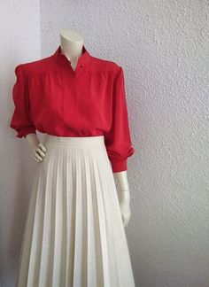 80s red blouse, 42 size, romantic feminine blouse, puffy sleeve, victorian style blouse, bishop collar, simple basic blouse, quilted collar. measurements lying flat : shoulders :41 cm (16 inches) bust:62 cm (24,5 inches) total length :63 cm (25 inches) sleeve length :62 cm (24,5 inches) Chic Red Puff Sleeve Blouse, Red Puff Sleeve Blouse With Ruffles, Vintage Red Long Sleeve Blouse, Vintage Bishop Sleeve Formal Blouse, Vintage Bishop Sleeve Blouse For Formal Occasions, Vintage Lantern Sleeve Blouse For Fall, Vintage Blouse For Fall, Vintage Solid Blouse For Fall, Classic Blouse For Vintage Fashion In Fall