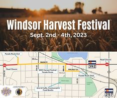 a map with the words windsor harvest festival on it and an image of a wheatfield