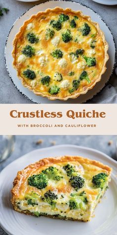 broccoli and cauliflower quiche on a white plate with text overlay