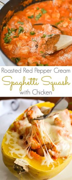 roasted red pepper cream spaghetti squash with chicken is an easy and delicious dinner that's ready in under 30 minutes