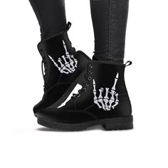 Rock On Skeleton Hand Boots, Rocker Shoes, Women's Boots, Vegan Leather, Combat Boots, Classic Boot, Rock Print Boot, Casual Boots Women EXPRESS SHIPPING NOTICE: US / CA / EU is working fine but for UK Express Shipping is no longer available due to customs restrictions. Other countries are working fine Check out more boot designs here: https://www.etsy.com/shop/MaysDesignCo/ Product Details; ▶ Not sold in stores. This is a Made to Order item. ▶Vegan-friendly leather with a double-sided print and Black Rock Boots For Halloween, Grunge Lace-up Boots For Fall Concerts, Black Rock Combat Boots With Round Toe, Black Rock Style Combat Boots With Round Toe, Black Rock Style Boots For Alternative Fashion, Black Round Toe Combat Boots In Rock Style, Black Round Toe Combat Boots, Punk Style Boots For Halloween Concert, Rock Style Black Boots With Metal Feet