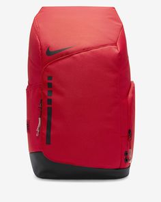 Product Details Nike Hoops Elite Backpack The Nike Hoops Elite Backpack is designed for the active athlete. Featuring a large main compartment and several smaller zippered pockets, the Nike Hoops Elite Backpack is perfect for organizing your equipment and gear for school and practice. The side pockets hold water bottles and other small items, while the air unit-padded and adjustable shoulder straps and stabilizing chest strap provide ultimate comfort and support. The top haul loop makes it easy Functional Rectangular Sports Backpack, Sports Bags With Zipper Closure, Sporty Red Gym Bag, Sports Backpack With Functional Pockets, Red Functional Backpack For Outdoor Activities, Functional Sports Backpack, Sporty Rectangular Backpack For Gym, Sporty Rectangular Gym Backpack, Red Sports Backpack