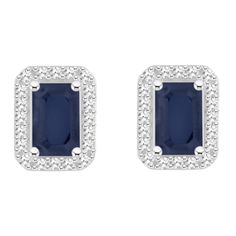 6x4mm emerald cut sapphire 1/5 ctw diamond rhodium over sterling silver halo stud earrings. Measures approximately 0.35" L x 0.27" W and have post with friction backings. Rectangular Lab-created Sapphire Fine Jewelry, Sapphire Diamond Jewelry With Pave Setting, Diamond White Emerald Cut Halo Jewelry, Classic Sapphire Jewelry With Pave Setting, Fine Jewelry With Pave Setting And Baguette Cut, Fine Jewelry With Baguette Cut And Pave Setting, Classic Rectangular Lab-created Sapphire Jewelry, Fine Sapphire Jewelry With Pave Setting, Sapphire Jewelry With Pave Setting Gift