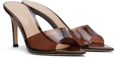 Handcrafted transparent TPU and patent leather slip-on heeled sandals in brown. · Open pointed toe · Strap at vamp · Logo stamp at padded leather footbed · Covered stiletto heel with rubber injection · Leather sole · Heel: 3.25 Supplier color: Brown Elegant Slip-on Patent Leather Sandals, Leather High Heel Sandals With Translucent Outsole, Designer Patent Leather Mules For Summer, Elegant Brown Summer Mules, Luxury Pointed Toe Sandals For Office, Chic Formal Sandals With Translucent Outsole, Modern Brown Heels With Contrasting Heel Counter, Slip-on Patent Leather Sandals For Party, Elegant Patent Leather Slip-on Sandals