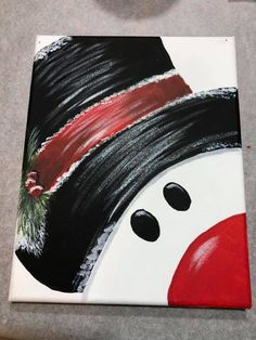 a painting of a snowman wearing a black hat and red nose with white background