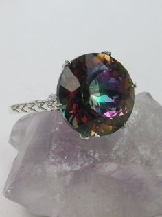 Mystic Topaz Ring, Natural gemstone, classic solitaire Victorian style Ring Ornate Round Topaz Gemstone Ring, Iridescent Topaz Gemstone Ring, Elegant Iridescent Round Topaz Ring, Classic Solitaire Ring, Mystic Topaz Ring, Mystic Topaz, Natural Rainbow, Filigree Ring, Silver Filigree