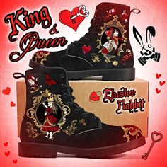 ABOUT THE DESIGN: Alice King and Queen of Hearts Wonderland Boots King & Queen Themed Wonderland Winter boots featuring some your favourite characters! Main Background colour is Black and Red Gold with Flowers and Baroque elements, Alice in Wonderland characters. 100% vegan friendly faux leather material High-quality rubber outsole with EVA foamed insole Fully waterproof perfect for outdoors Low back heel about an inch height INSTRUCTIONS FOR CHECKOUT: 1.Pick your size (Unless stated all shoes a Comic Book Shoes, Winter King, Leather Wedding Shoes, Alice In Wonderland Characters, Angel Outfit, Fab Shoes, Wedding Shoes Flats, Leather Wedding, Unique Shoes