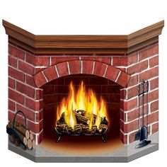 a brick fireplace with fire and logs in it